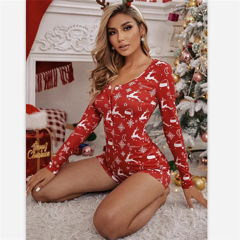 Christmas Printed Pattern Pajama V-Neck Romper