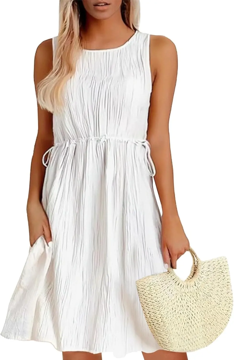 Cotton Linen Dresses for Women 2025 Casual Summer Sleeveless Dresses Loose Fit Round Neck Solid Color Dress