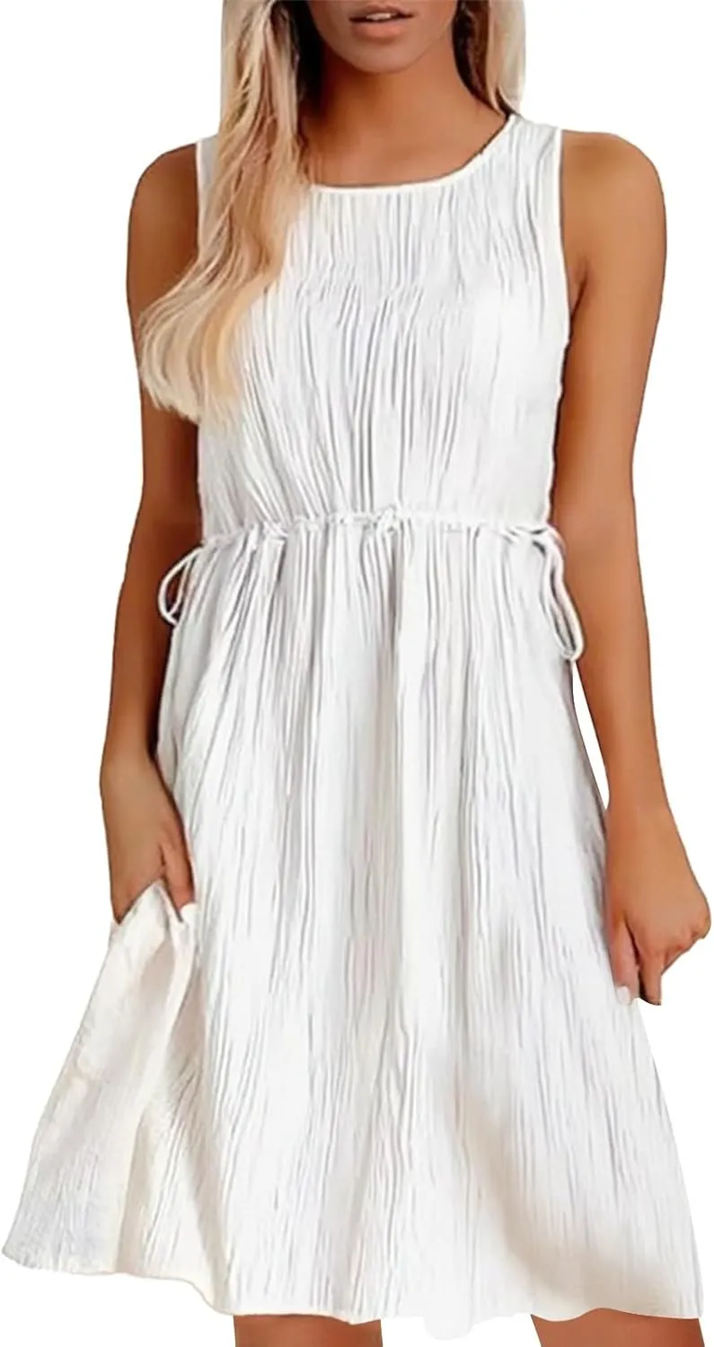 Cotton Linen Dresses for Women 2025 Casual Summer Sleeveless Dresses Loose Fit Round Neck Solid Color Dress
