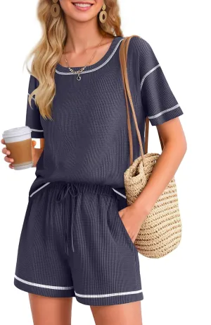 Ekouaer Women Lounge Set 2 Piece Waffle Knit Pajama Set Matching Outfits Shorts Set Comfy Sleepwear Loungewear with Pockets