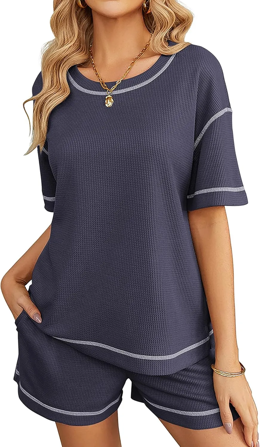 Ekouaer Women Lounge Set 2 Piece Waffle Knit Pajama Set Matching Outfits Shorts Set Comfy Sleepwear Loungewear with Pockets