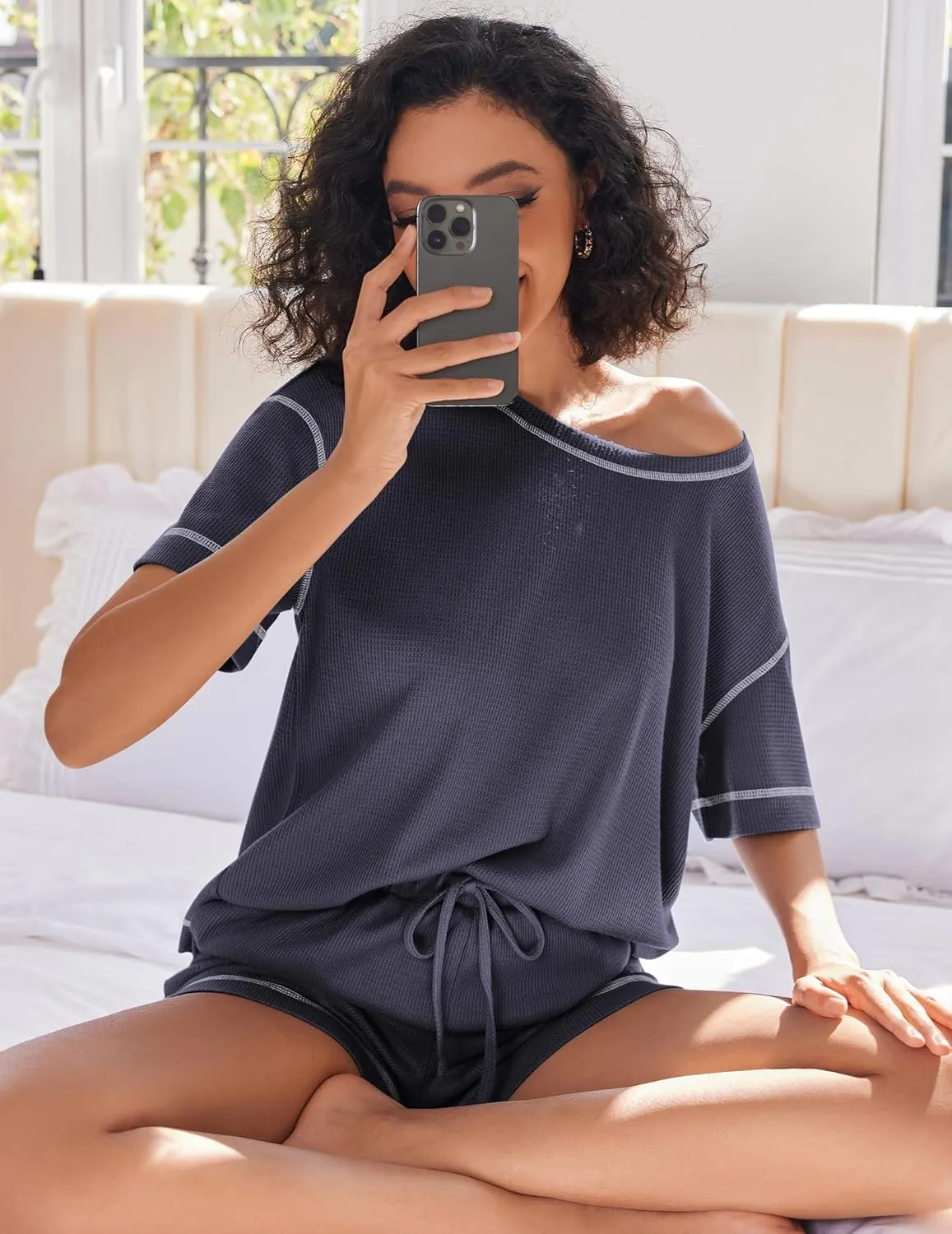 Ekouaer Women Lounge Set 2 Piece Waffle Knit Pajama Set Matching Outfits Shorts Set Comfy Sleepwear Loungewear with Pockets