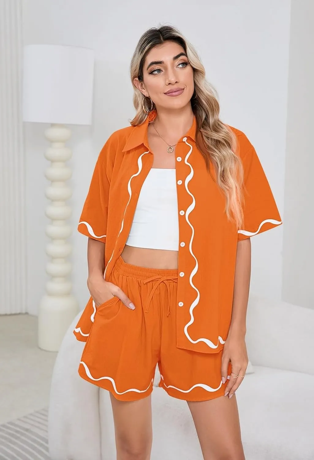 Fixmatti Women Two Piece Summer Sets Short Sleeve Button Down Shirts