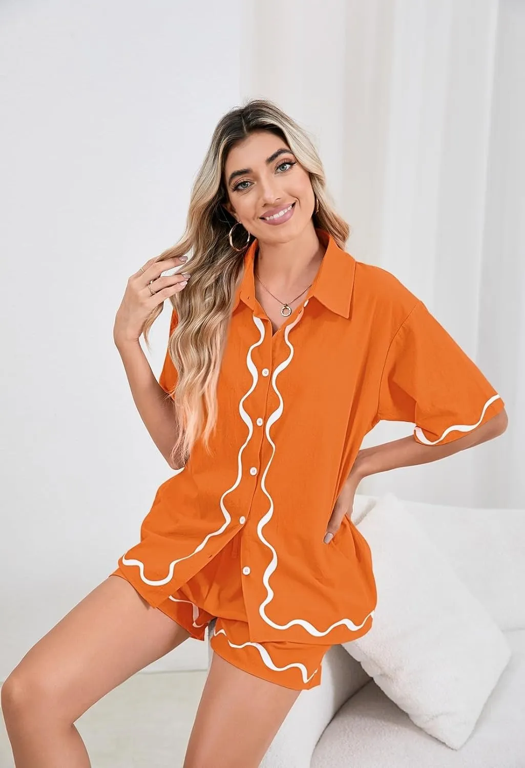 Fixmatti Women Two Piece Summer Sets Short Sleeve Button Down Shirts