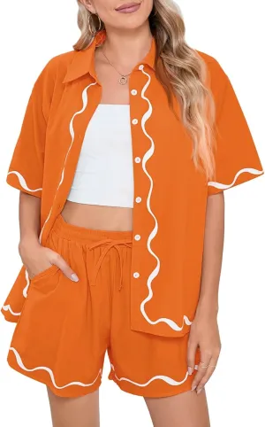 Fixmatti Women Two Piece Summer Sets Short Sleeve Button Down Shirts