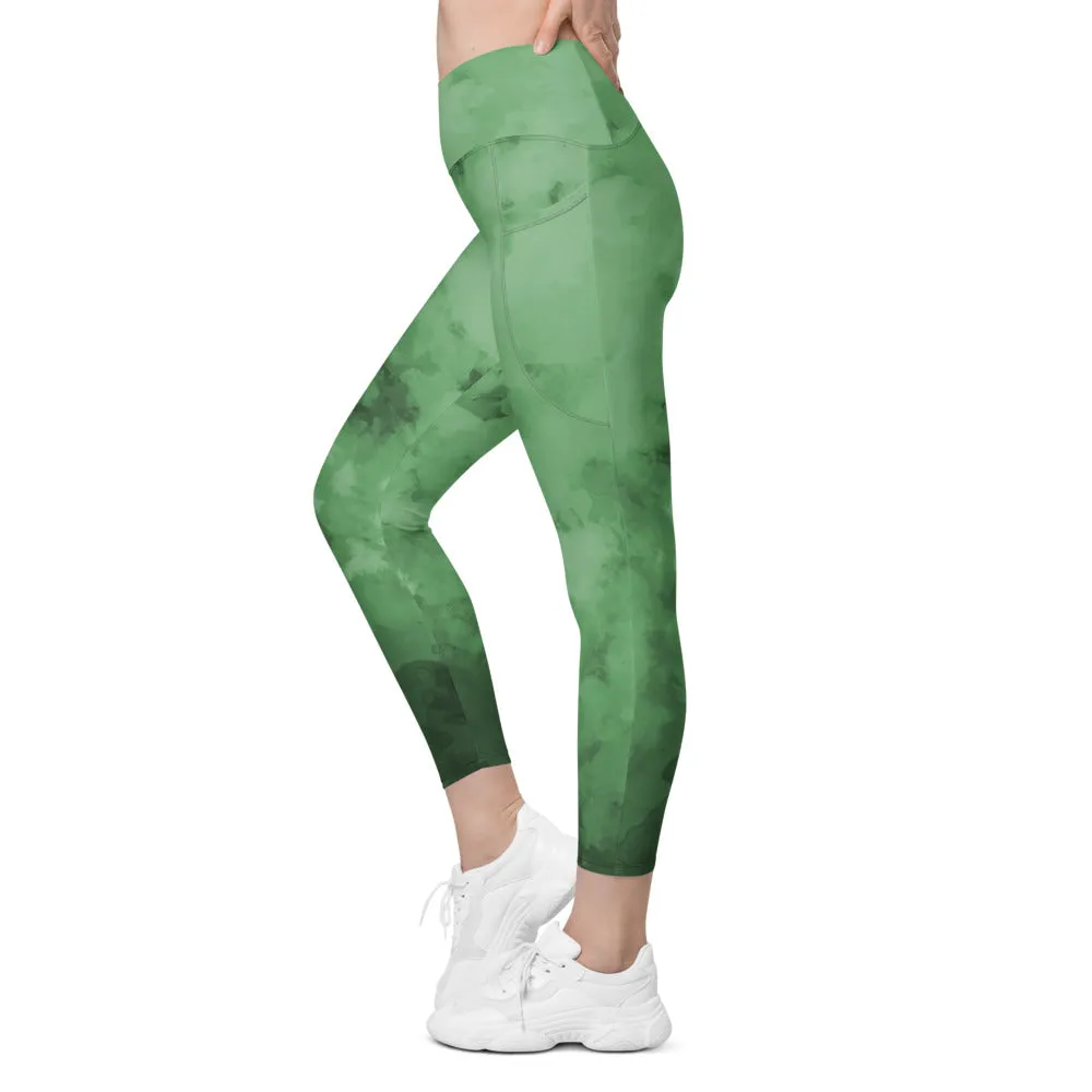 Green Cross Over Women's Tights, Best Women's Crossover Leggings With Pockets For Ladies - Made in USA/EU/MX