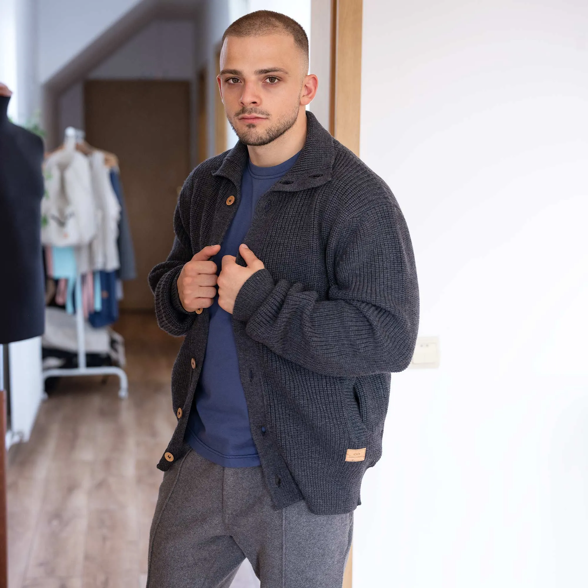 HALIFAX 100% Certified Organic Merino Wool Sweater Cardigan (Unisex) (No Elastic, No Polyester, No Acrylic, No Synthetics; OC Thread) (100% Biodegradable)