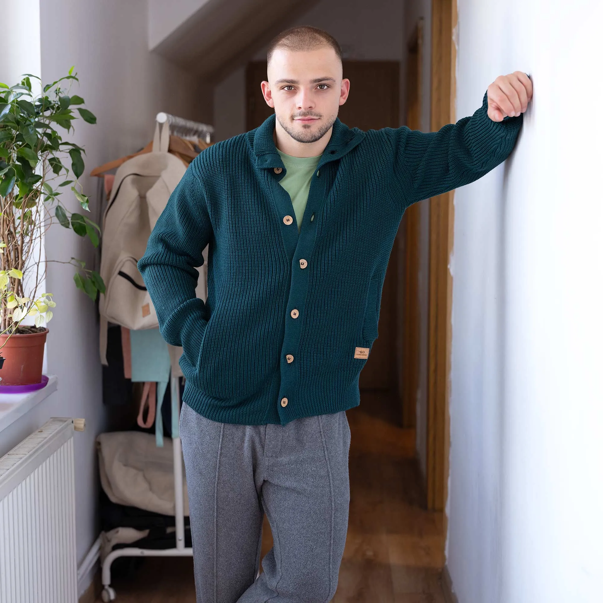 HALIFAX 100% Certified Organic Merino Wool Sweater Cardigan (Unisex) (No Elastic, No Polyester, No Acrylic, No Synthetics; OC Thread) (100% Biodegradable)