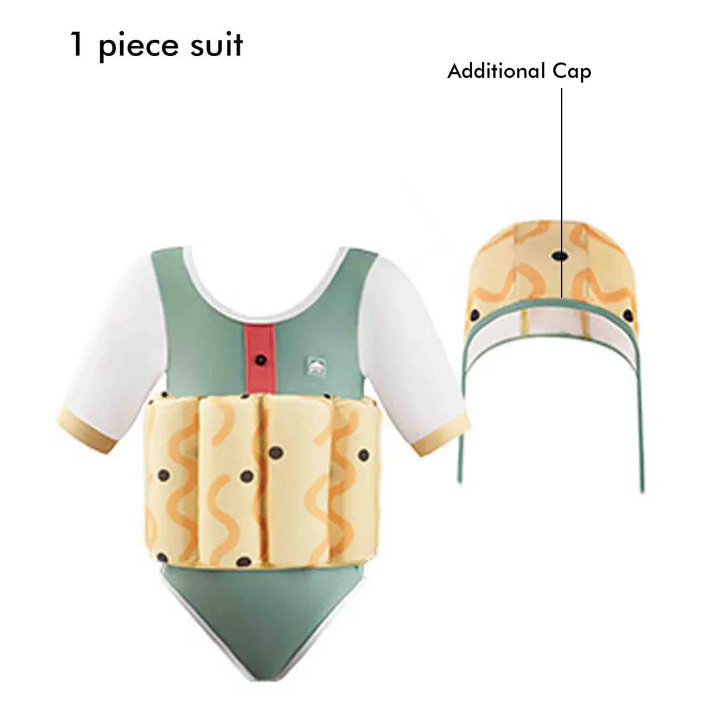 Little Surprise Box Olive & Yellow Curves Print Kids Swimsuit with attached Swim Floats  tie up cap in UPF 50 