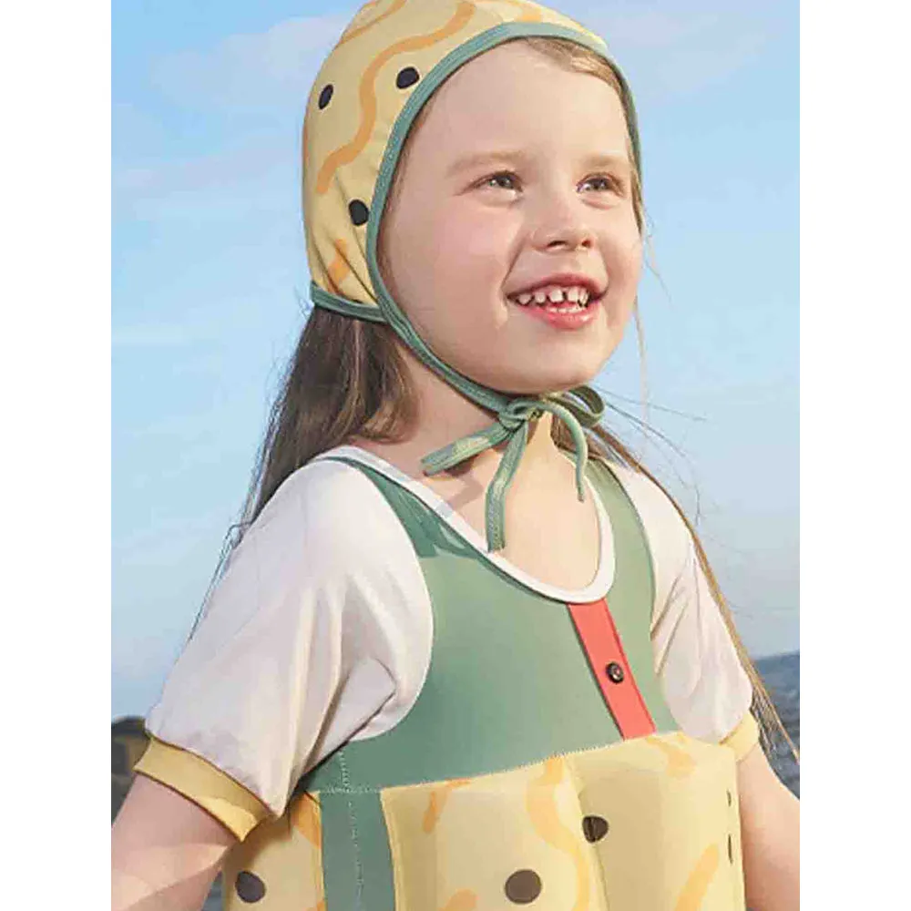 Little Surprise Box Olive & Yellow Curves Print Kids Swimsuit with attached Swim Floats  tie up cap in UPF 50 