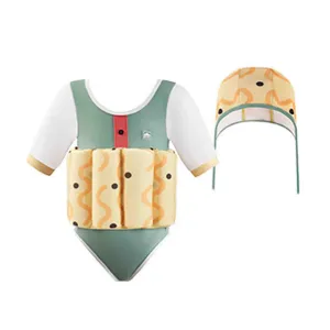 Little Surprise Box Olive & Yellow Curves Print Kids Swimsuit with attached Swim Floats  tie up cap in UPF 50 