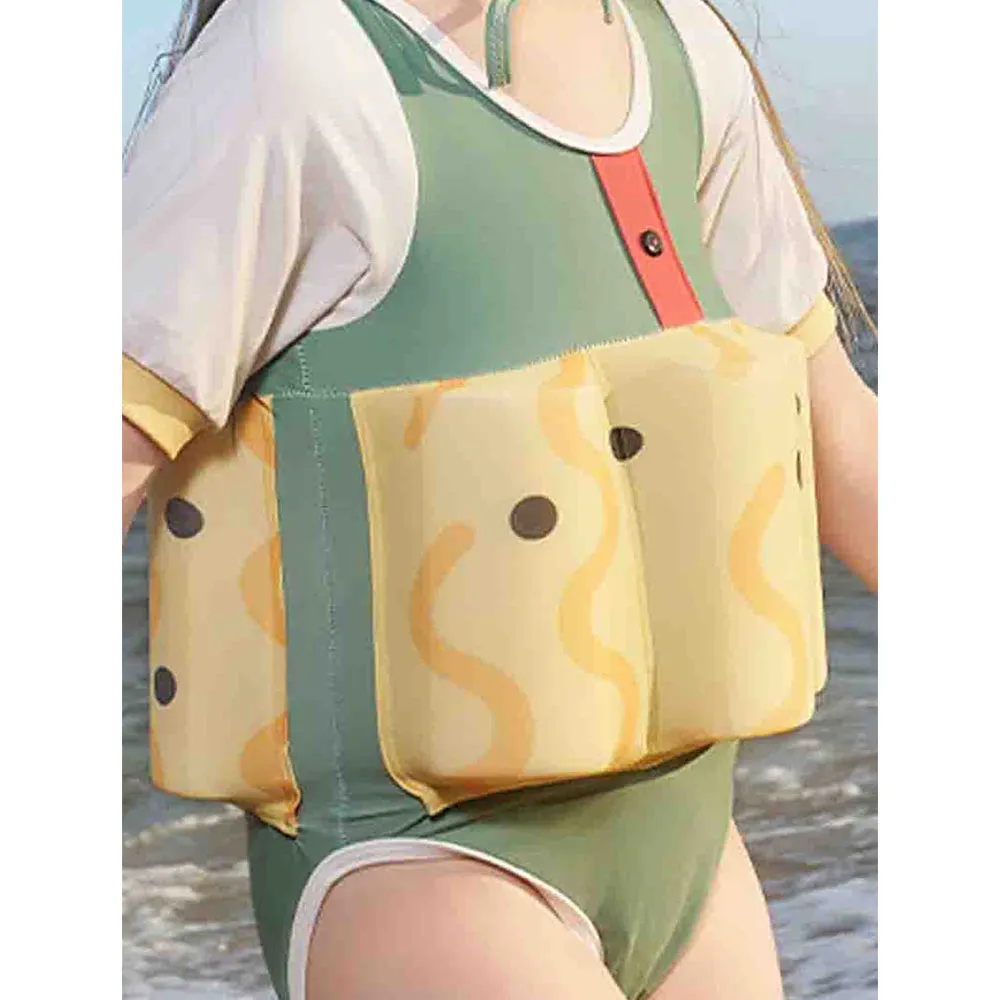 Little Surprise Box Olive & Yellow Curves Print Kids Swimsuit with attached Swim Floats  tie up cap in UPF 50 