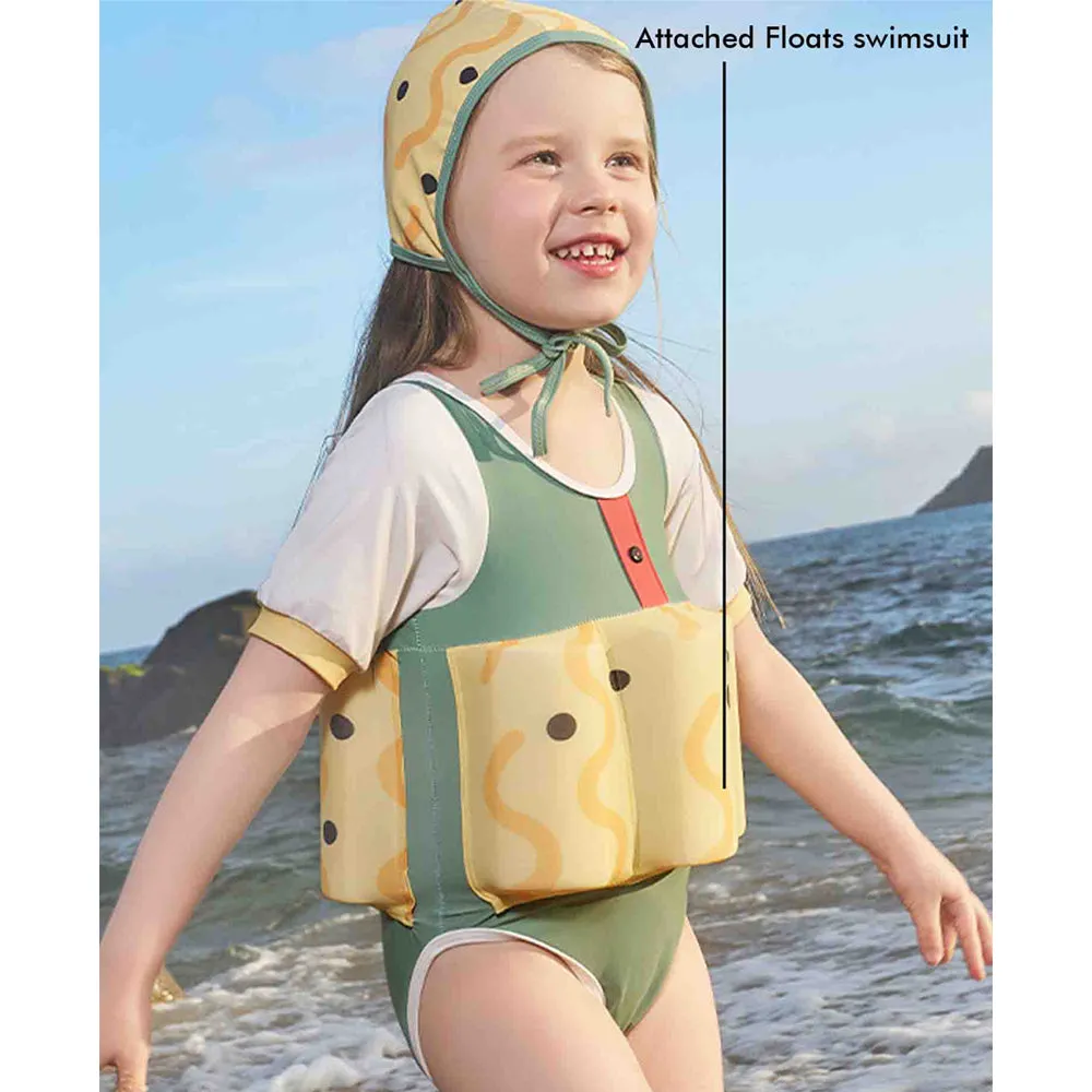 Little Surprise Box Olive & Yellow Curves Print Kids Swimsuit with attached Swim Floats  tie up cap in UPF 50 