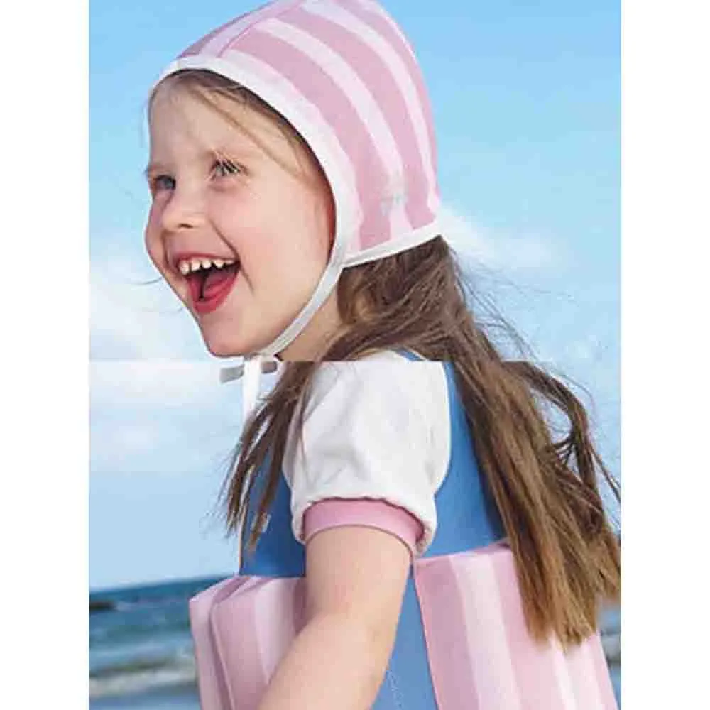 Little Surprise Box Powder Blue & Pink Stripes Kids Swimsuit with attached Swim Floats  tie up cap in UPF 50 