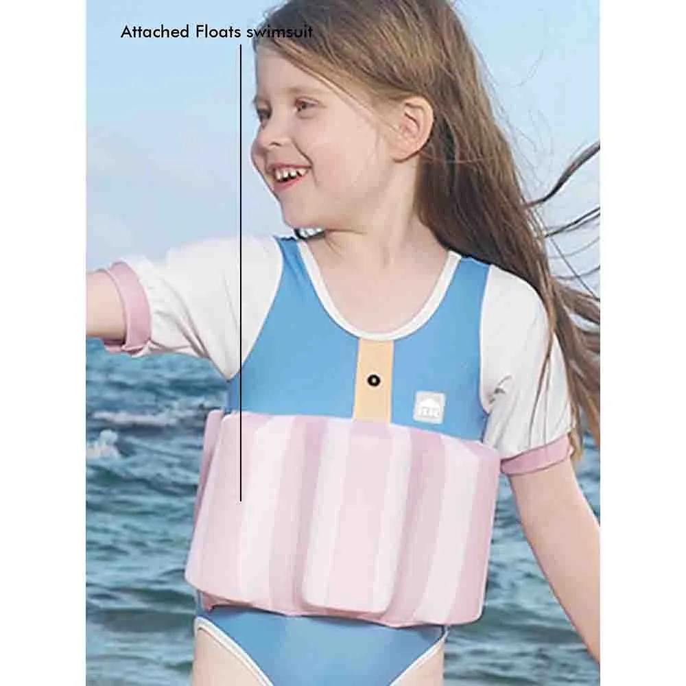Little Surprise Box Powder Blue & Pink Stripes Kids Swimsuit with attached Swim Floats  tie up cap in UPF 50 