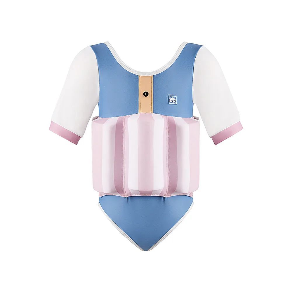 Little Surprise Box Powder Blue & Pink Stripes Kids Swimsuit with attached Swim Floats  tie up cap in UPF 50 