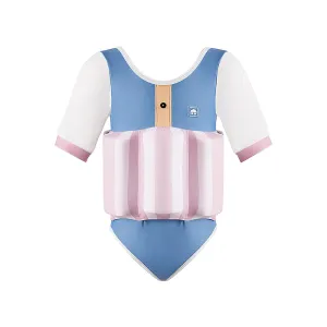 Little Surprise Box Powder Blue & Pink Stripes Kids Swimsuit with attached Swim Floats  tie up cap in UPF 50 