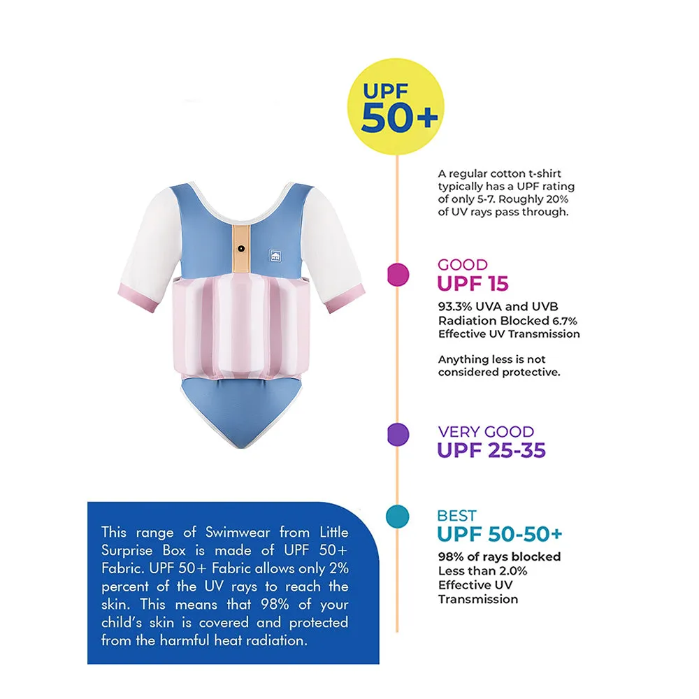 Little Surprise Box Powder Blue & Pink Stripes Kids Swimsuit with attached Swim Floats  tie up cap in UPF 50 