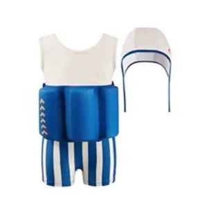 Little Surprise Box White & Blue Stripes Kids Swimsuit with attached Swim Floats  tie up cap in UPF 50 