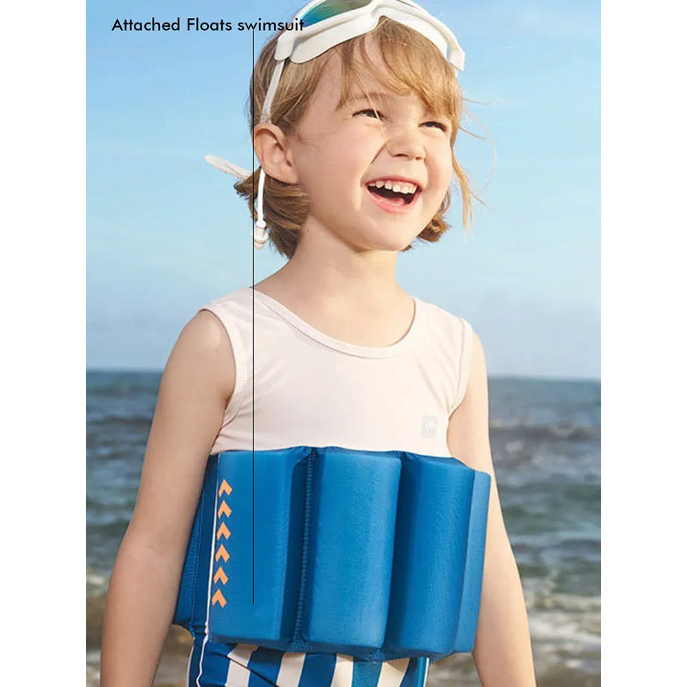 Little Surprise Box White & Blue Stripes Kids Swimsuit with attached Swim Floats  tie up cap in UPF 50 
