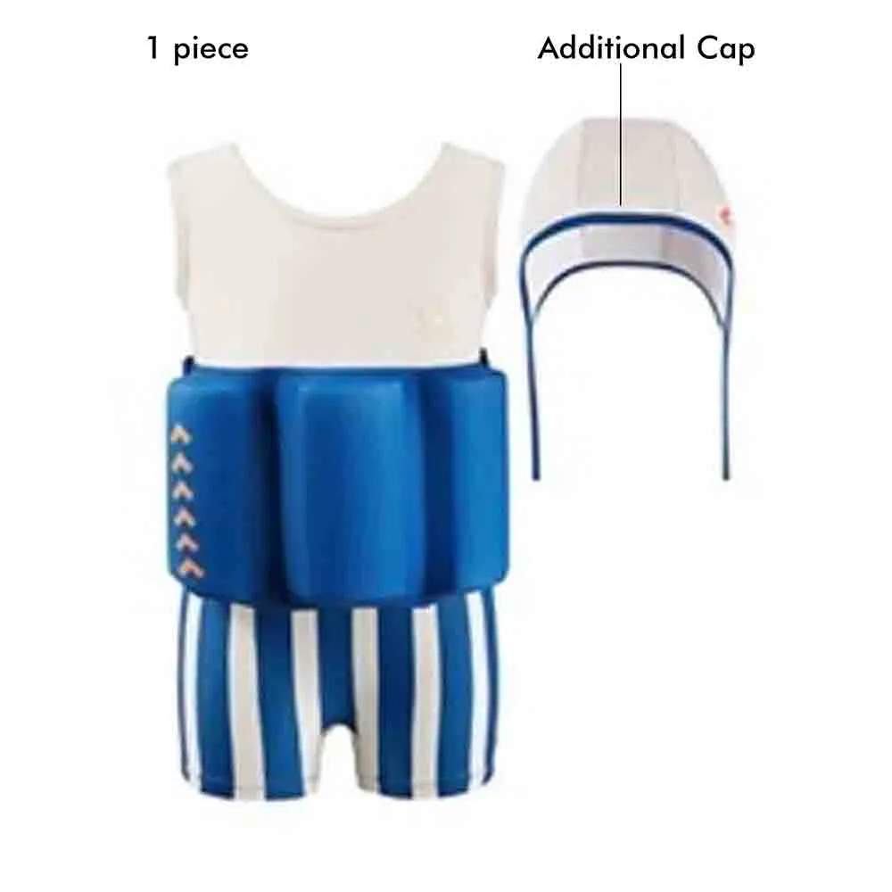 Little Surprise Box White & Blue Stripes Kids Swimsuit with attached Swim Floats  tie up cap in UPF 50 