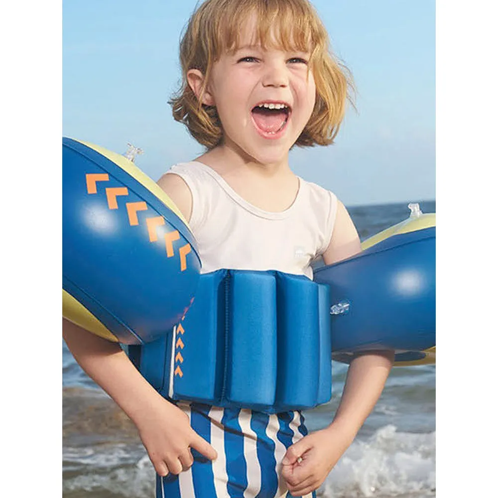 Little Surprise Box White & Blue Stripes Kids Swimsuit with attached Swim Floats  tie up cap in UPF 50 