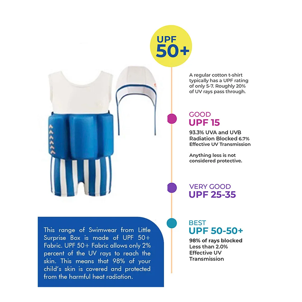 Little Surprise Box White & Blue Stripes Kids Swimsuit with attached Swim Floats  tie up cap in UPF 50 