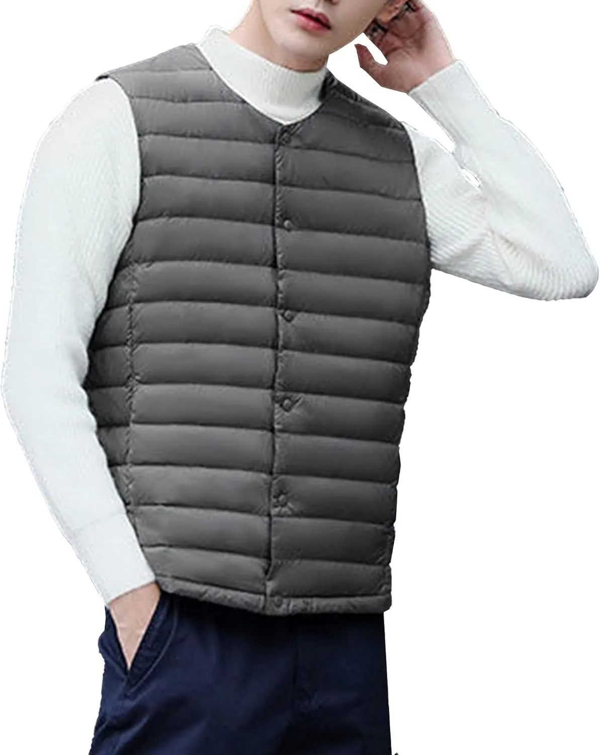 Maiyifu-GJ Men Collarless Padded Down Vest V-Neck Button Quilted Thicken Vest Coat Lightweight Winter Warm Sleeveless Jacket