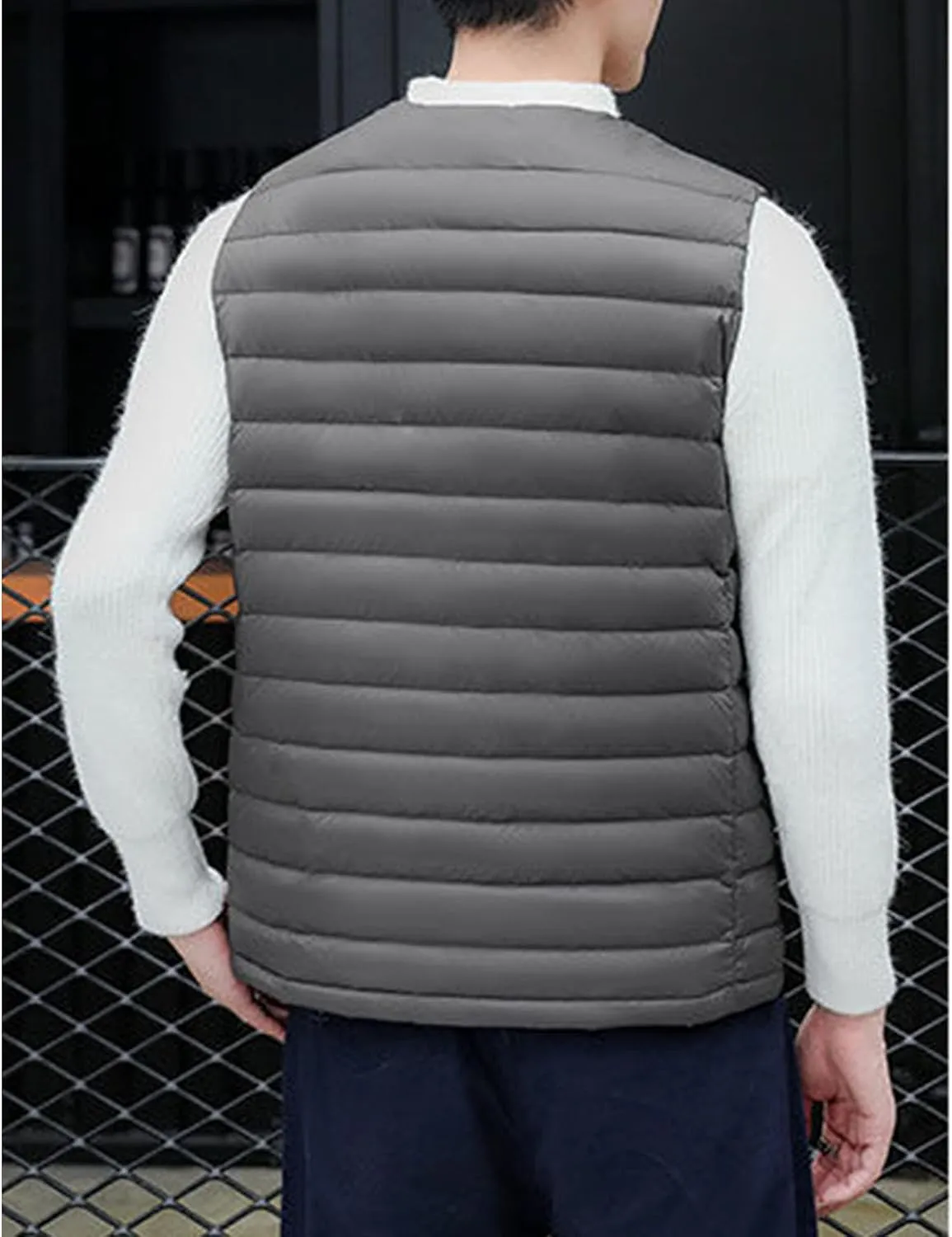 Maiyifu-GJ Men Collarless Padded Down Vest V-Neck Button Quilted Thicken Vest Coat Lightweight Winter Warm Sleeveless Jacket