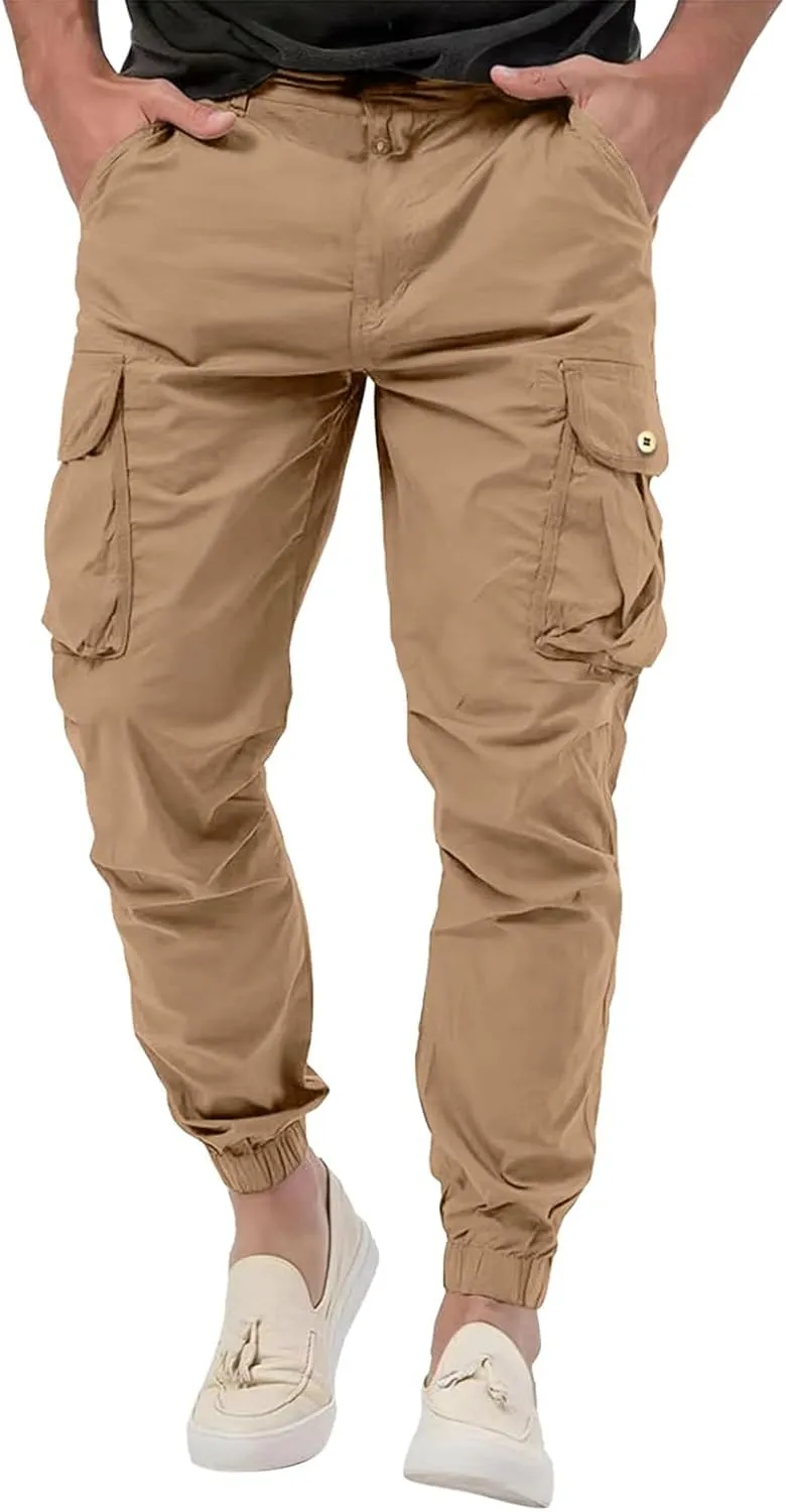 Mens Skinny Tapered Cargo Pants Slim Fit Casual Stretch Lightweight Hiking Work PantsTactical Trousers with Multi Pockets