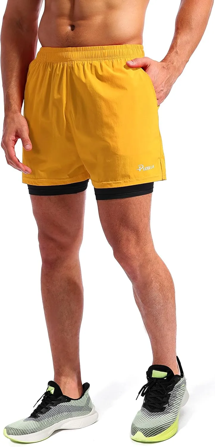 Pudolla Mens 2 in 1 Running Shorts 5"/7" Quick Dry Gym Athletic Workout Shorts for Men with Phone Pockets