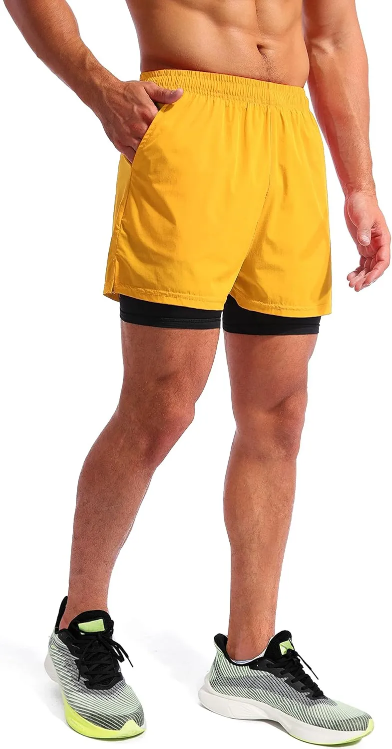 Pudolla Mens 2 in 1 Running Shorts 5"/7" Quick Dry Gym Athletic Workout Shorts for Men with Phone Pockets