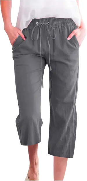 RKSTN Summer Capri Pants for Women Casual Cotton Linen Pants Straight Leg Vacation Beach Crop Pant with Pockets