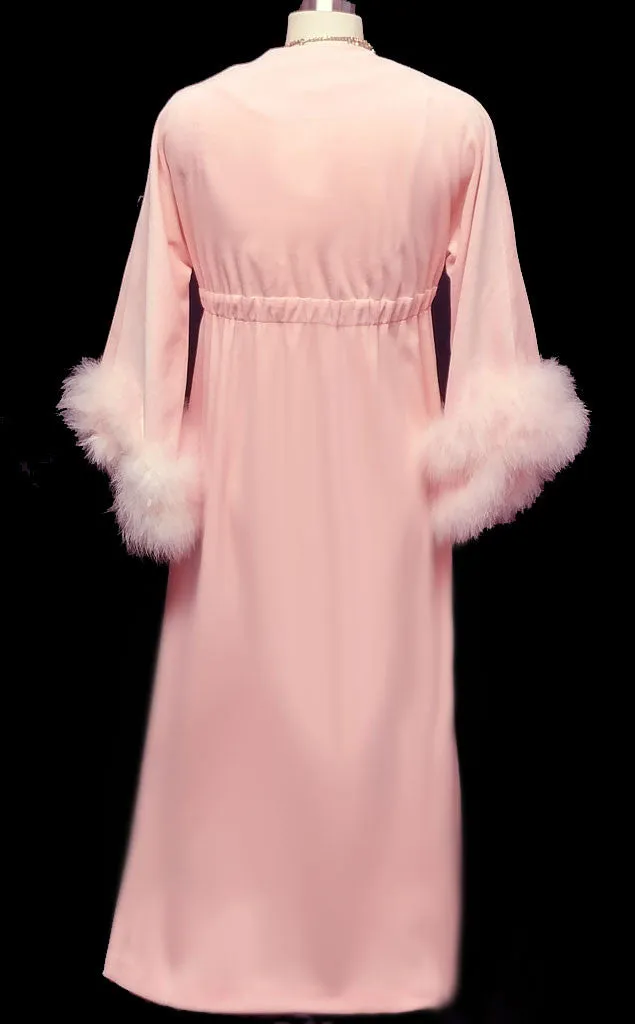 VINTAGE SAKS FIFTH AVENUE VELOUR DRESSING GOWN ROBE ADORNED WITH FLUFFY PINK MARABOU IN CHERUB PINK - WOULD MAKE A WONDERFUL CHRISTMAS OR BIRTHDAY GIFT!