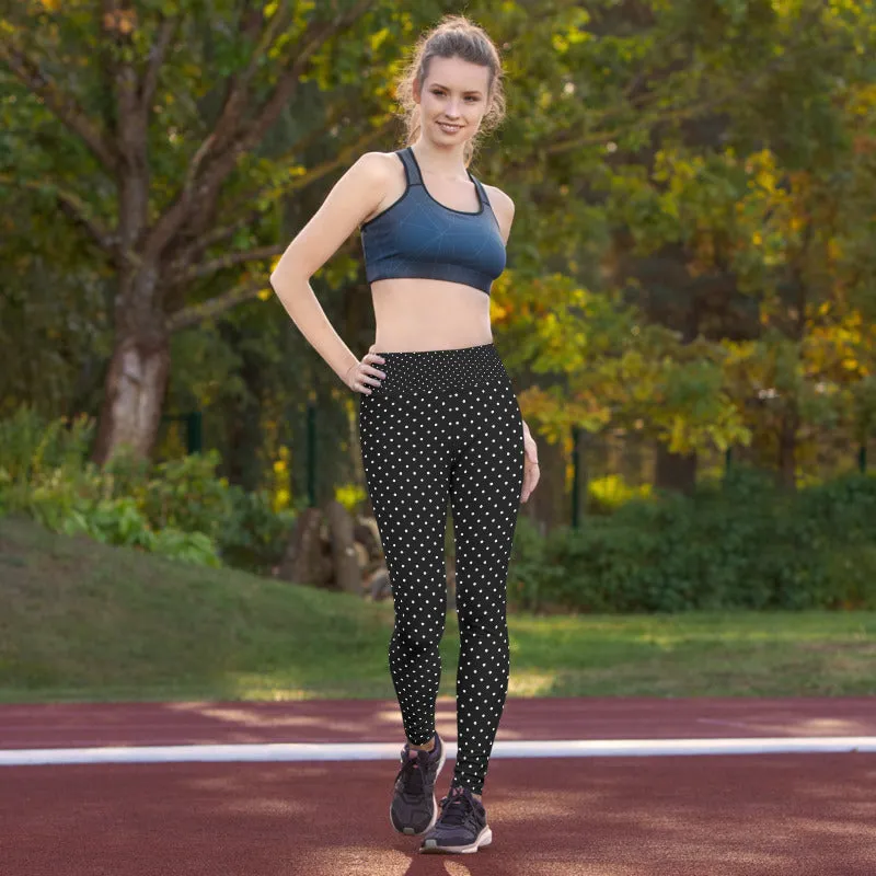 White Polka Dots Women's Leggings, Polka Dots Print Premium Yoga Pants- Made in USA/MX/EU/MX
