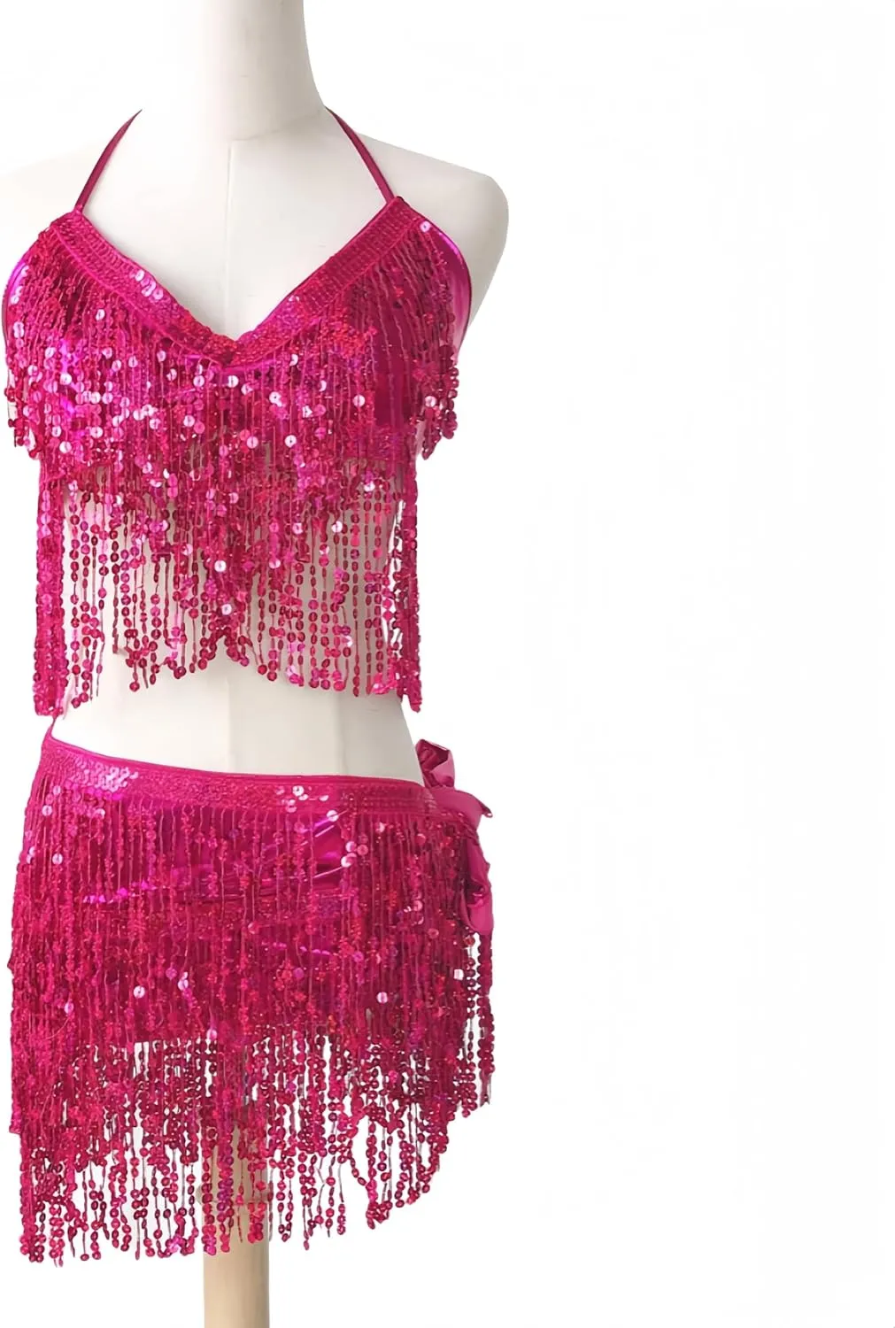 Women 2Pcs Belly Dance Dress Sequin Tassel Bra Top with Fringe Hip Scarf Set Carnival Clubwear