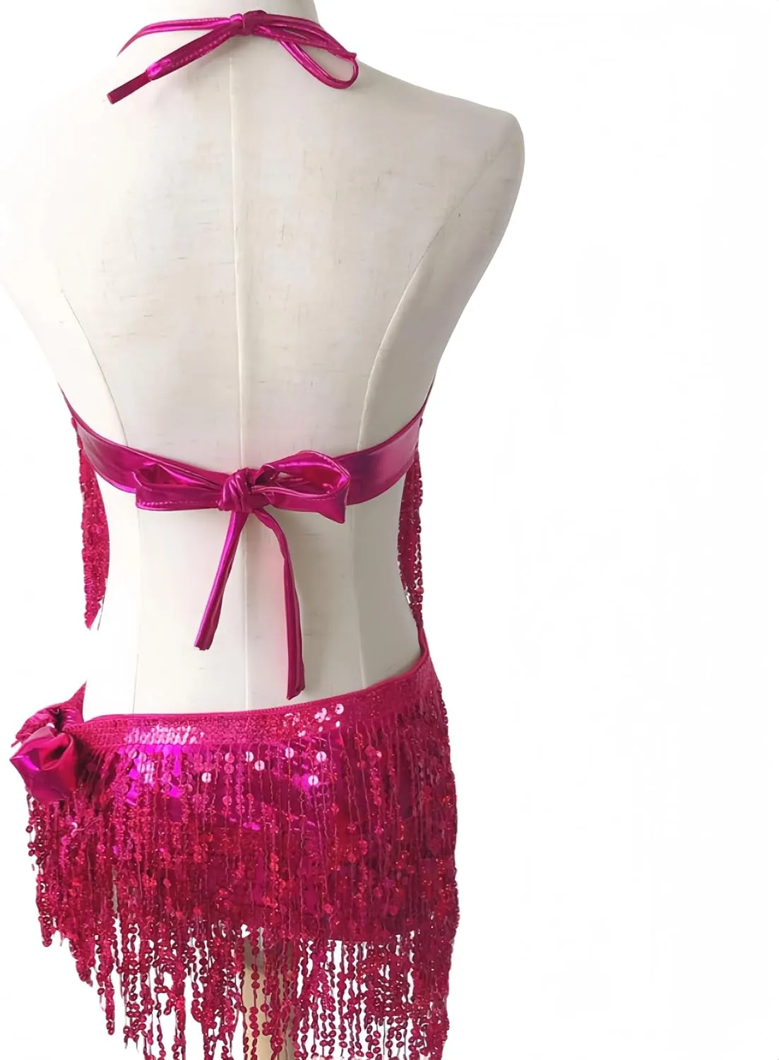 Women 2Pcs Belly Dance Dress Sequin Tassel Bra Top with Fringe Hip Scarf Set Carnival Clubwear