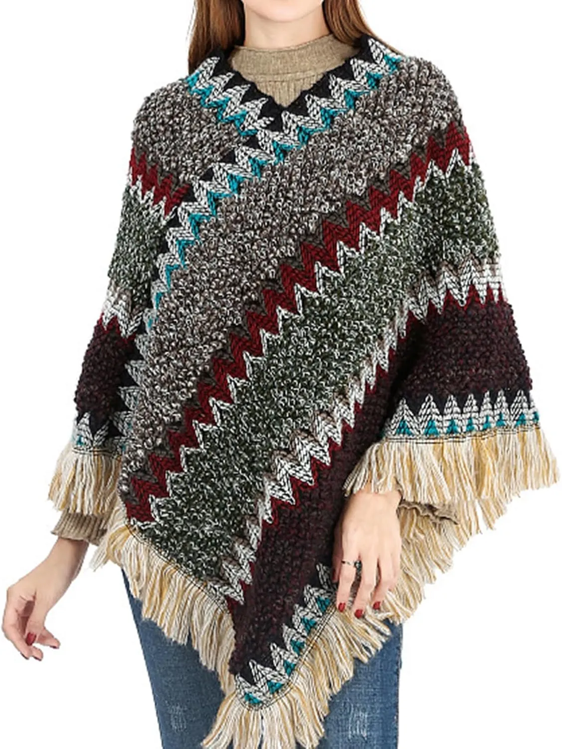 Women's Poncho Sweater Zig Zag Knit Mexican Poncho Wrap Fall Hippie Soft Fringe Crochet Shawl Asymmetrical Cape