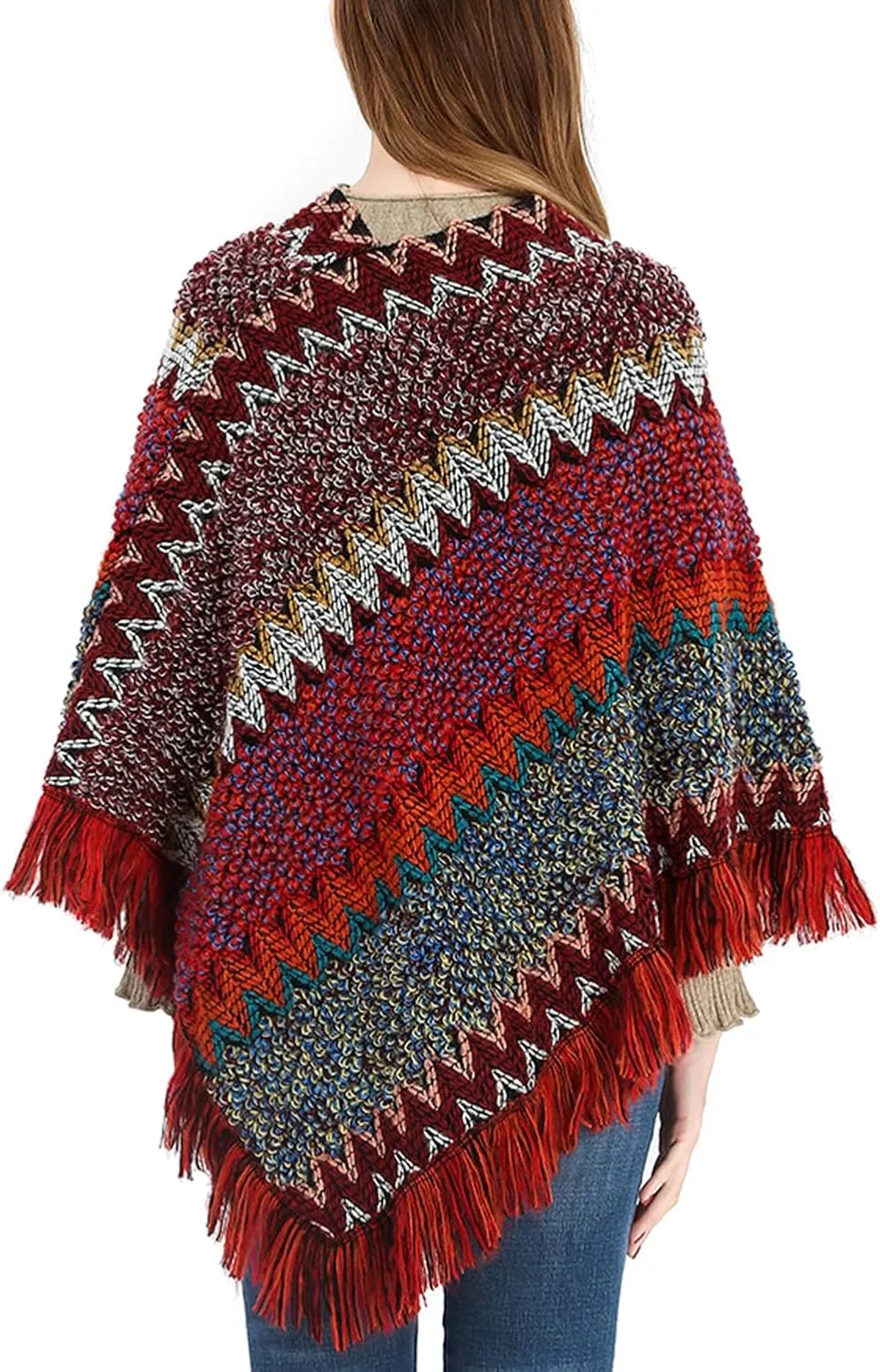 Women's Poncho Sweater Zig Zag Knit Mexican Poncho Wrap Fall Hippie Soft Fringe Crochet Shawl Asymmetrical Cape