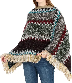 Women's Poncho Sweater Zig Zag Knit Mexican Poncho Wrap Fall Hippie Soft Fringe Crochet Shawl Asymmetrical Cape