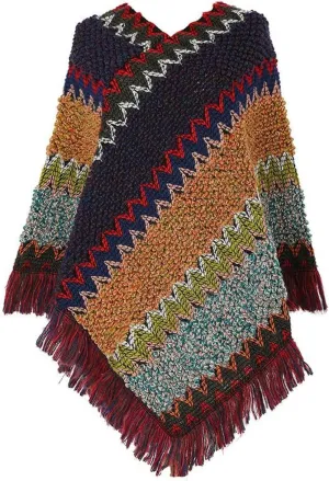 Women's Poncho Sweater Zig Zag Knit Mexican Poncho Wrap Fall Hippie Soft Fringe Crochet Shawl Asymmetrical Cape