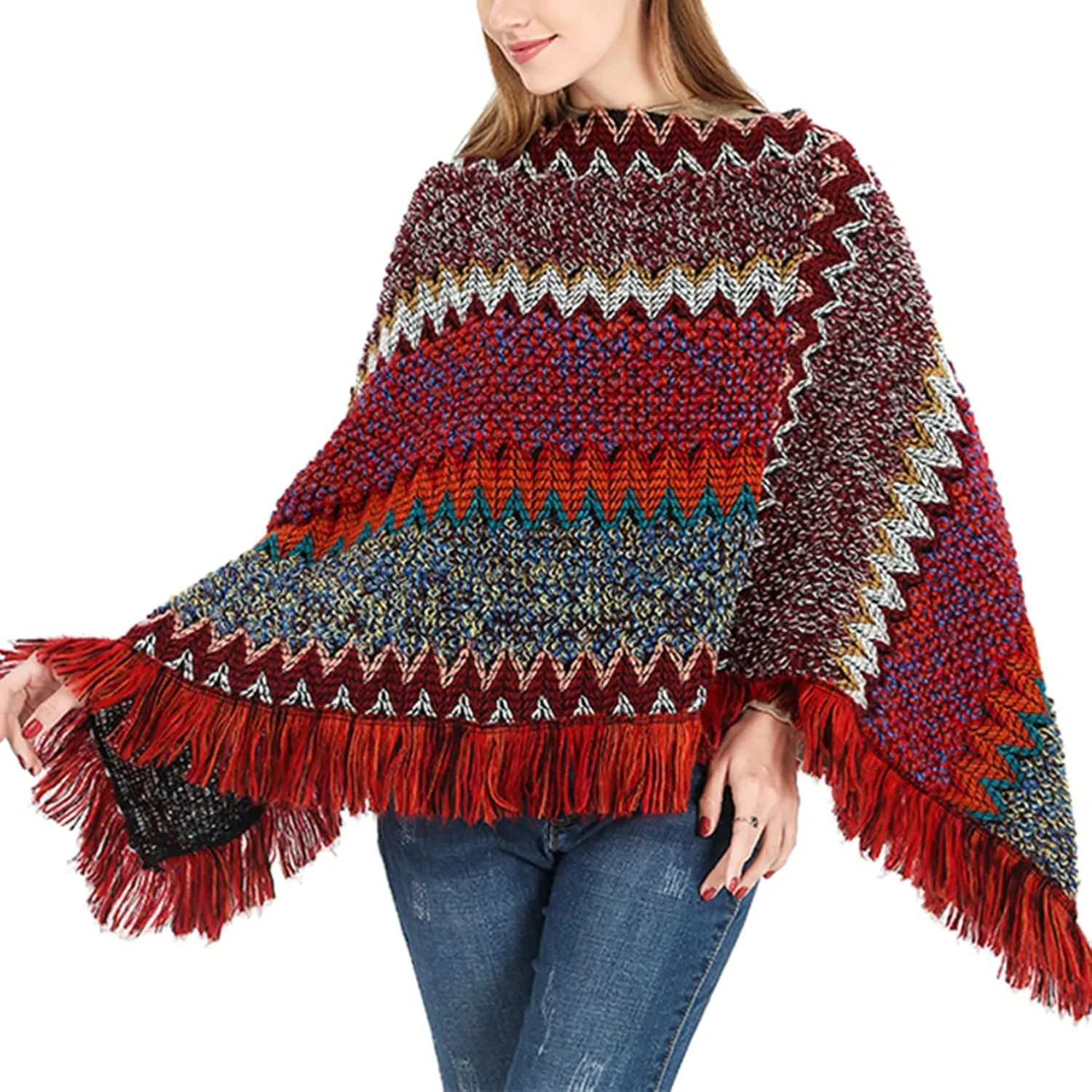 Women's Poncho Sweater Zig Zag Knit Mexican Poncho Wrap Fall Hippie Soft Fringe Crochet Shawl Asymmetrical Cape