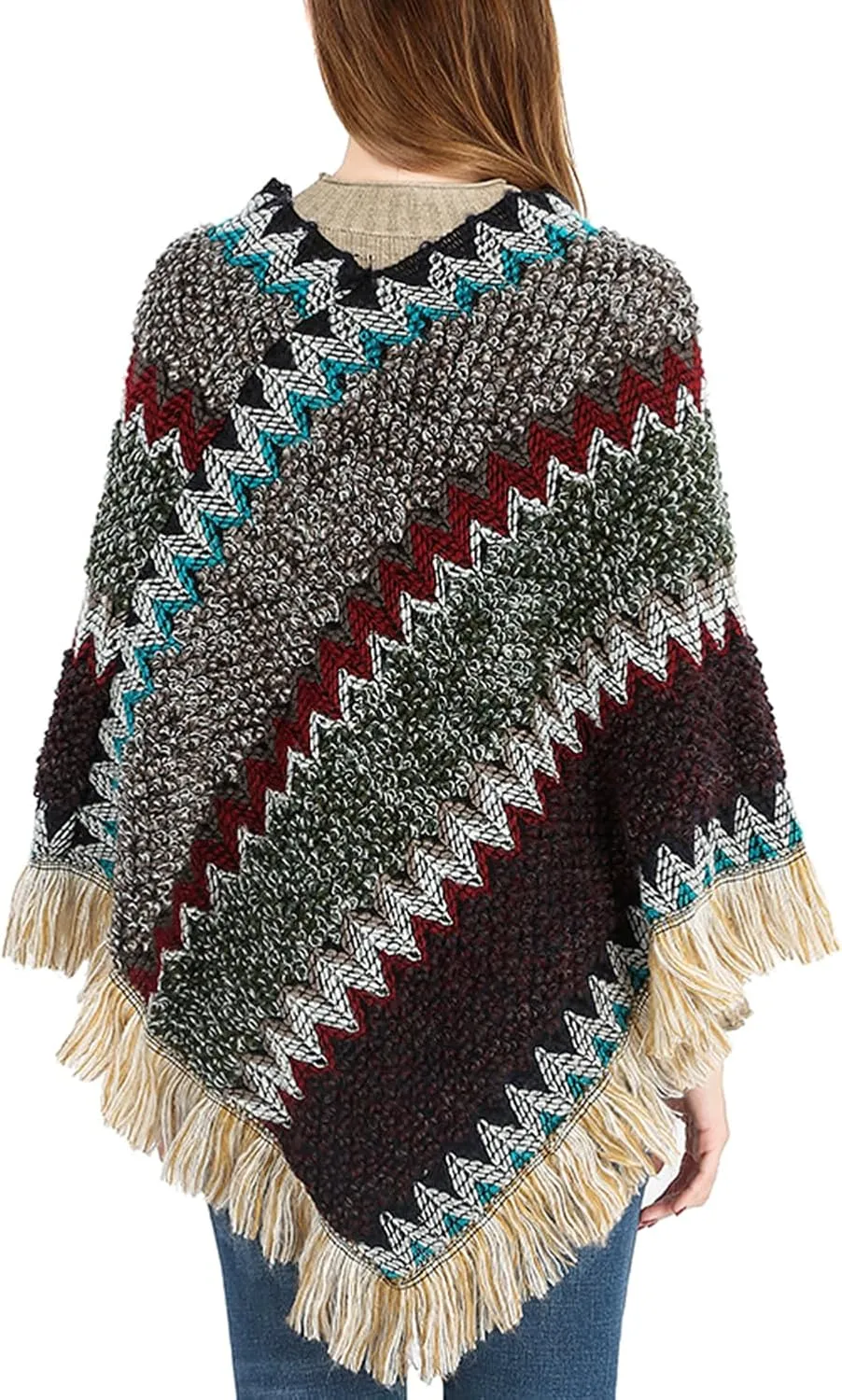 Women's Poncho Sweater Zig Zag Knit Mexican Poncho Wrap Fall Hippie Soft Fringe Crochet Shawl Asymmetrical Cape