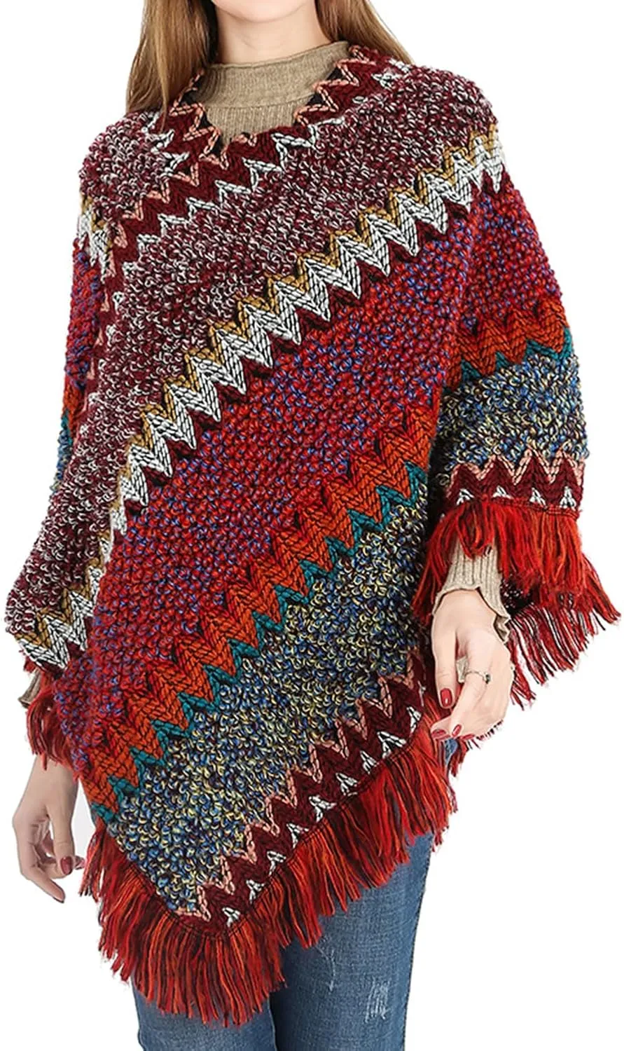Women's Poncho Sweater Zig Zag Knit Mexican Poncho Wrap Fall Hippie Soft Fringe Crochet Shawl Asymmetrical Cape