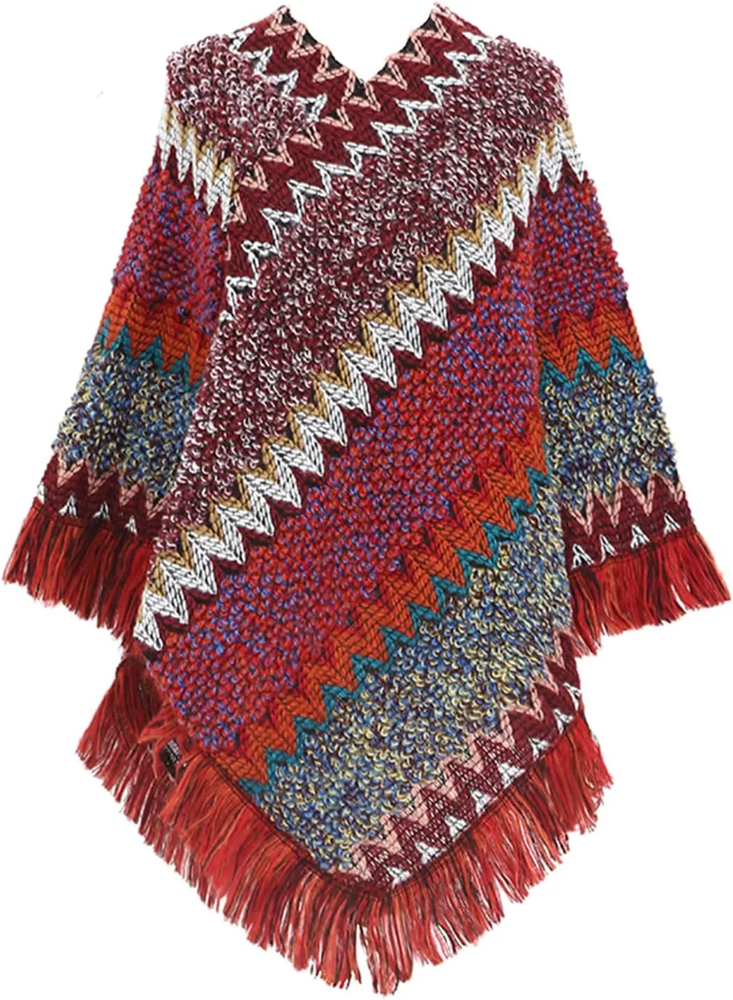 Women's Poncho Sweater Zig Zag Knit Mexican Poncho Wrap Fall Hippie Soft Fringe Crochet Shawl Asymmetrical Cape