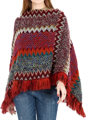 Women's Poncho Sweater Zig Zag Knit Mexican Poncho Wrap Fall Hippie Soft Fringe Crochet Shawl Asymmetrical Cape