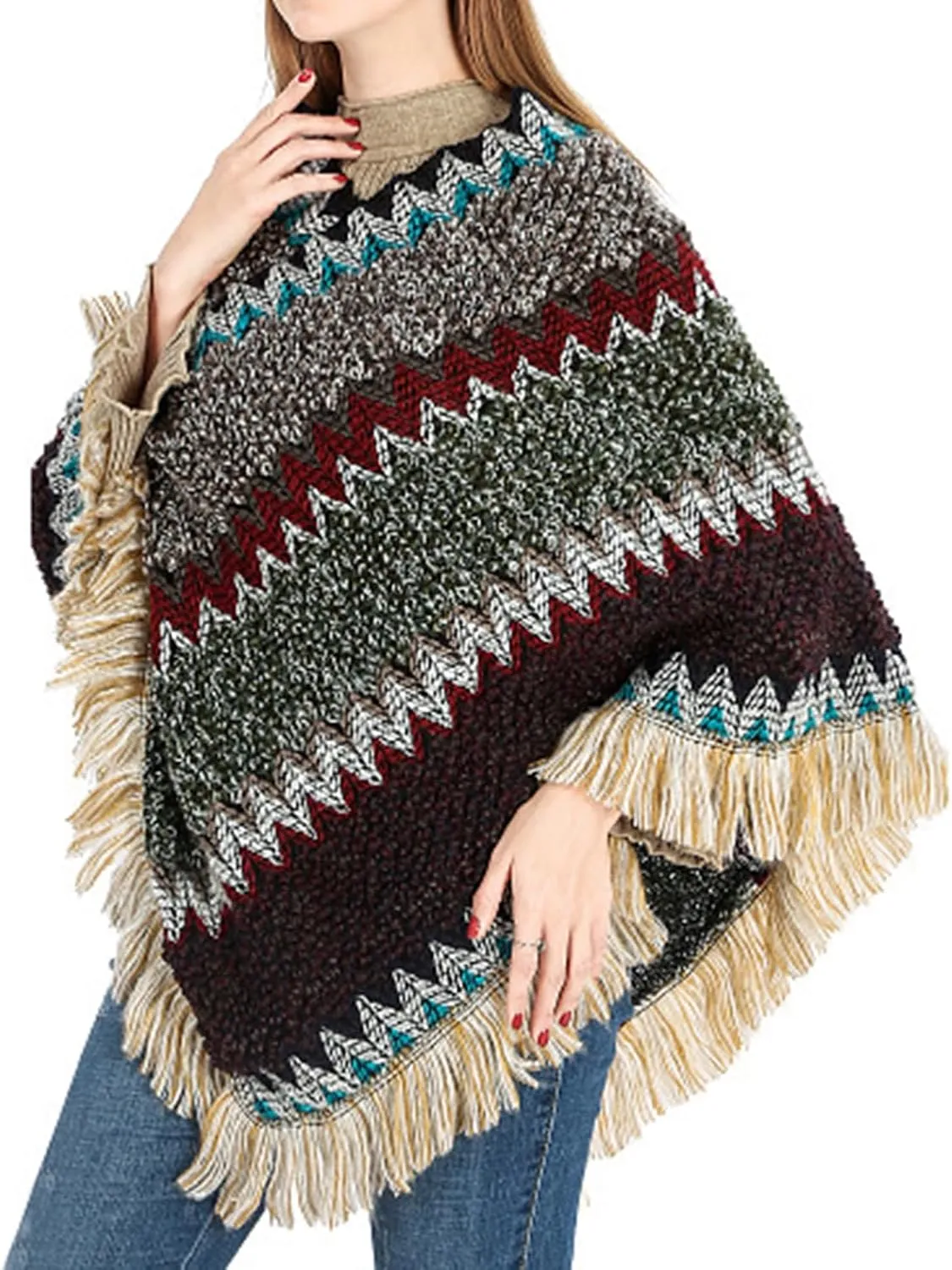 Women's Poncho Sweater Zig Zag Knit Mexican Poncho Wrap Fall Hippie Soft Fringe Crochet Shawl Asymmetrical Cape
