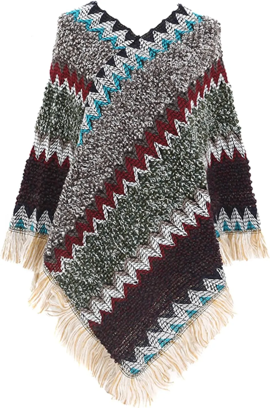 Women's Poncho Sweater Zig Zag Knit Mexican Poncho Wrap Fall Hippie Soft Fringe Crochet Shawl Asymmetrical Cape