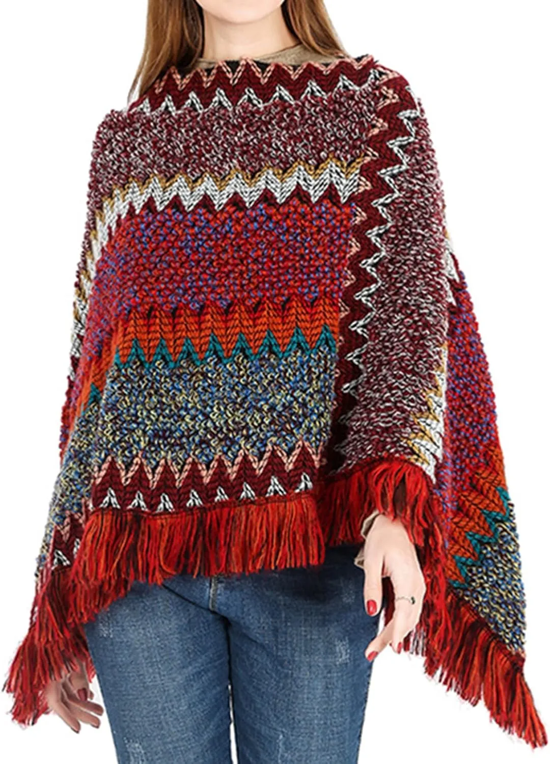 Women's Poncho Sweater Zig Zag Knit Mexican Poncho Wrap Fall Hippie Soft Fringe Crochet Shawl Asymmetrical Cape