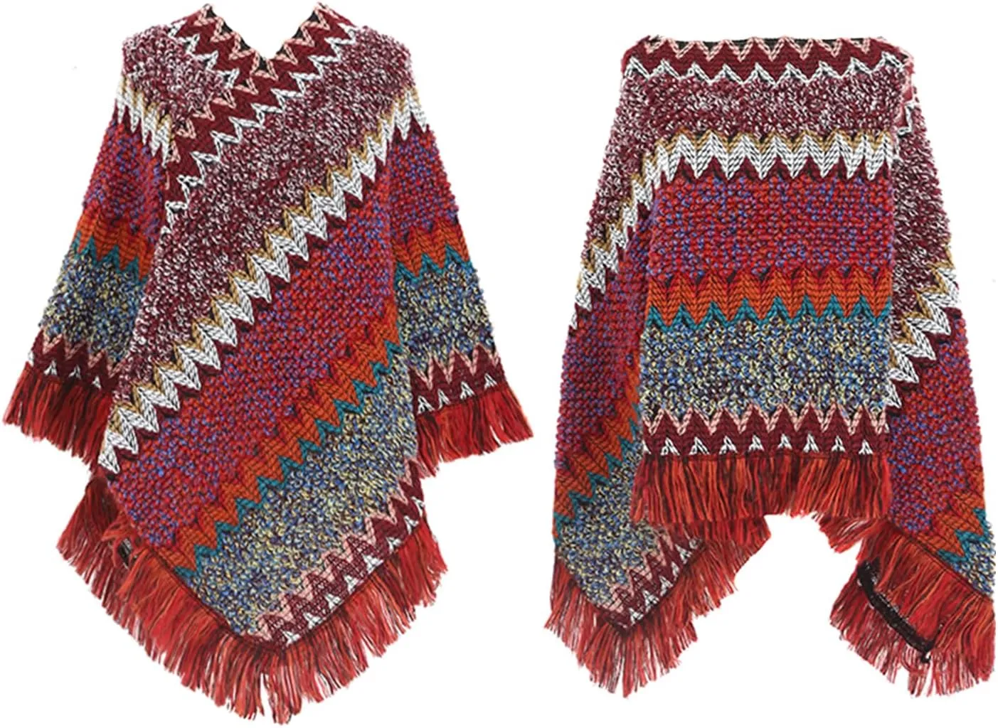 Women's Poncho Sweater Zig Zag Knit Mexican Poncho Wrap Fall Hippie Soft Fringe Crochet Shawl Asymmetrical Cape